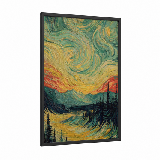 Aurora Forest framed northern lights print — black wood frame — teal and yellow gold palette