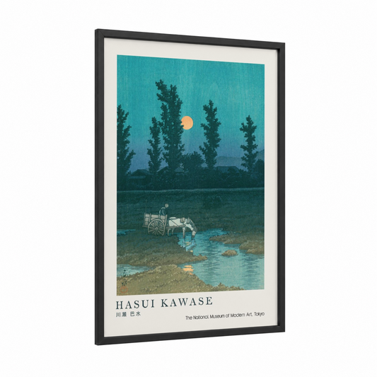 Moonlit Lake Journey framed lakes print — black wood frame — teal and gold palette