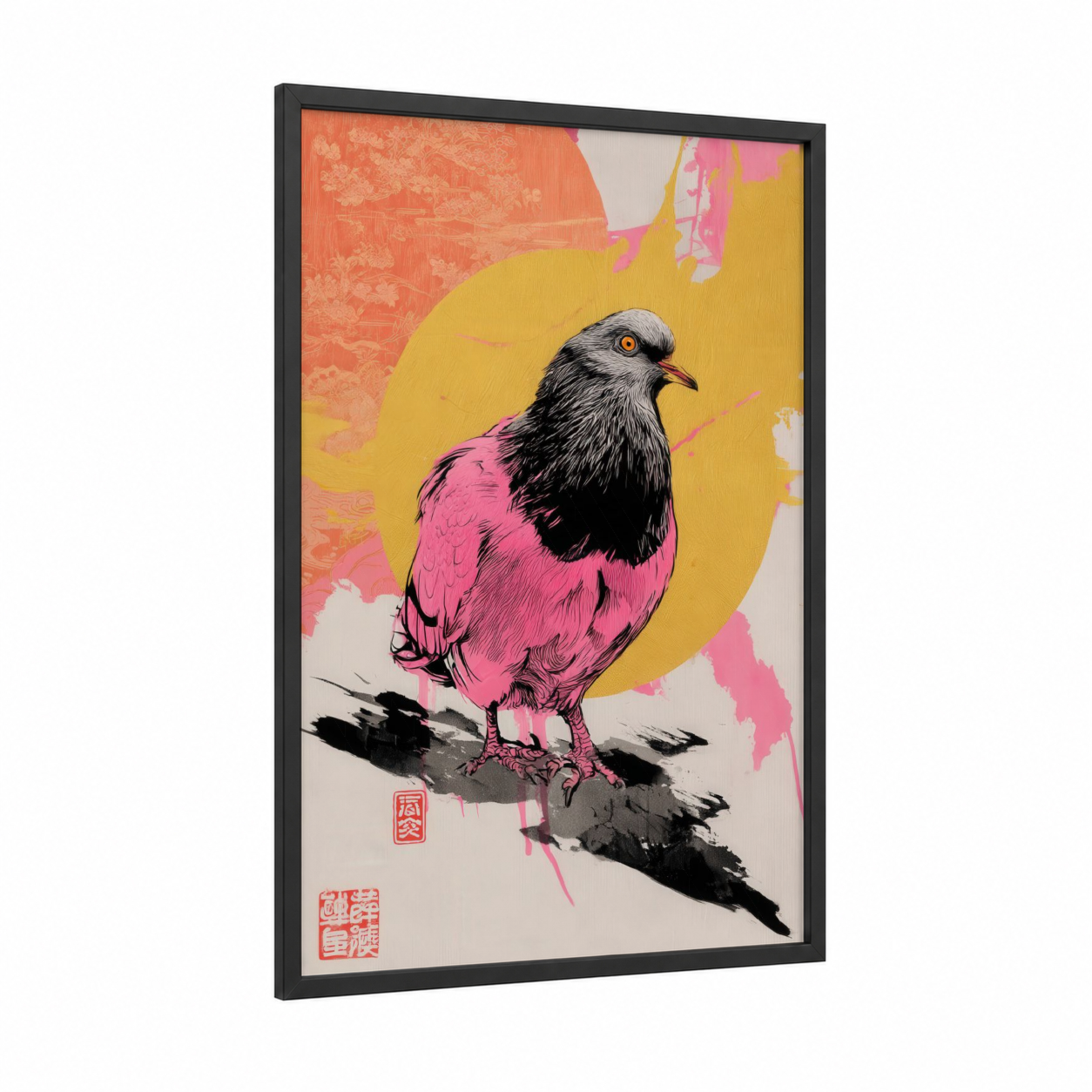 Neon Pigeon framed art print — black wood frame — magenta and yellow gold palette