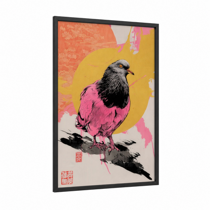 Neon Pigeon framed art print — black wood frame — magenta and yellow gold palette