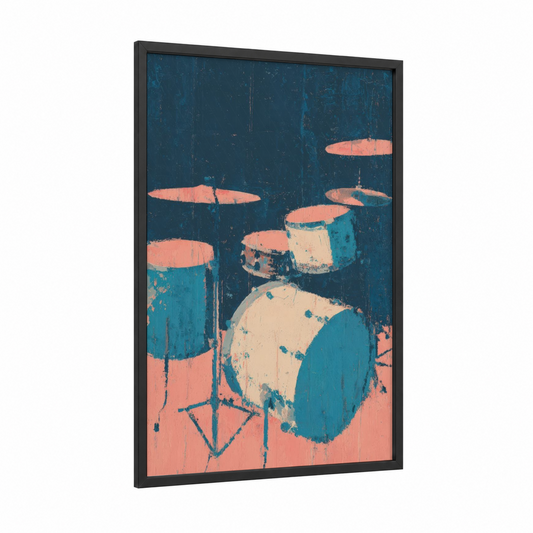 Vintage Drum Kit framed drums print — black wood frame — teal and salmon pink palette