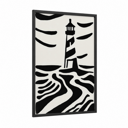 Striped Lighthouse framed art print — black wood frame — black and white palette