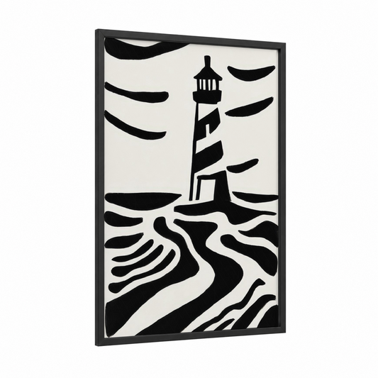 Striped Lighthouse framed art print — black wood frame — black and white palette