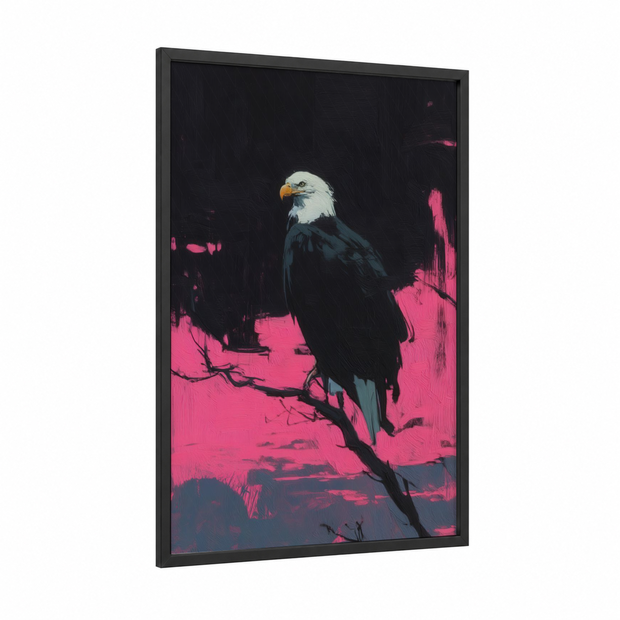 Neon Eagle Portrait framed art print — black wood frame — magenta and black palette