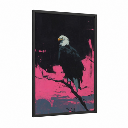 Neon Eagle Portrait framed art print — black wood frame — magenta and black palette