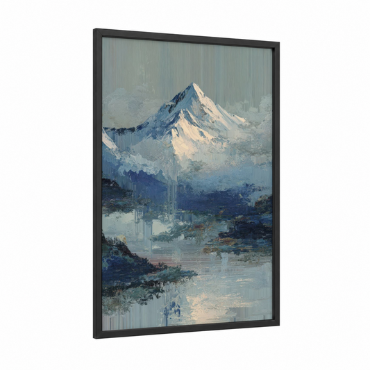Alpine Everest framed mount everest print — black wood frame — blue and white palette