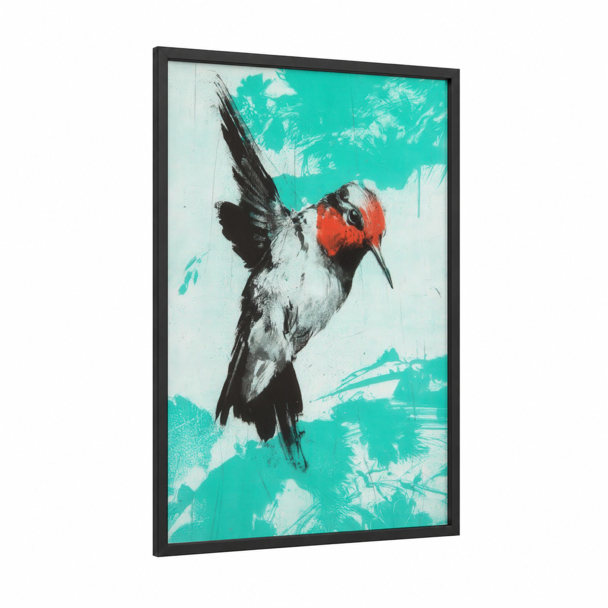 Ruby Hummingbird framed art print — black wood frame — turquoise and red palette
