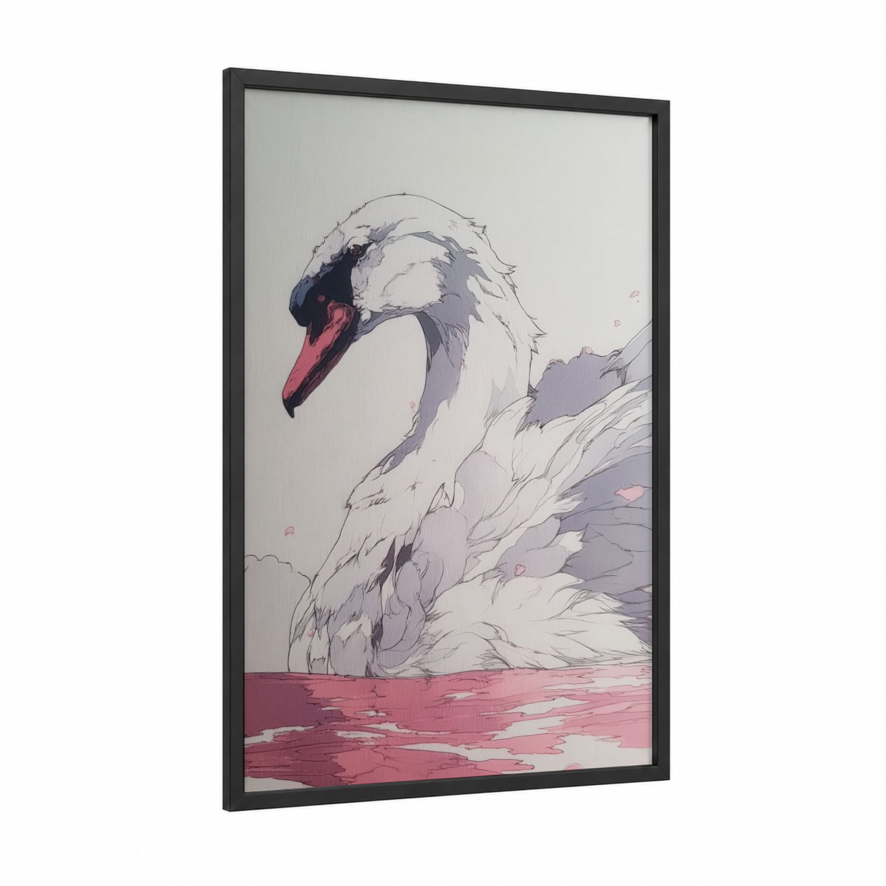 Graceful Swan framed art print — black wood frame — lavender and white palette