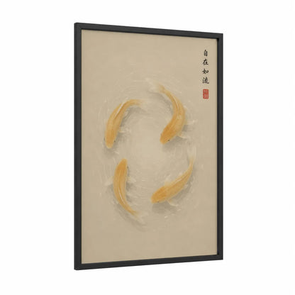 Golden Koi Fish Circle Wall Art framed art print — black wood frame — beige and gold palette