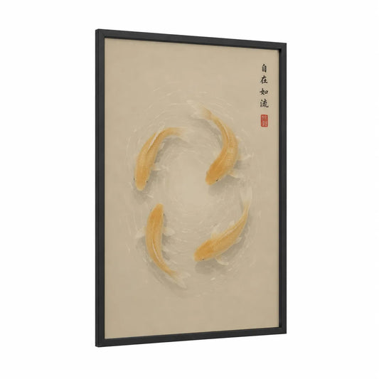 Golden Koi Fish Circle Wall Art framed art print — black wood frame — beige and gold palette