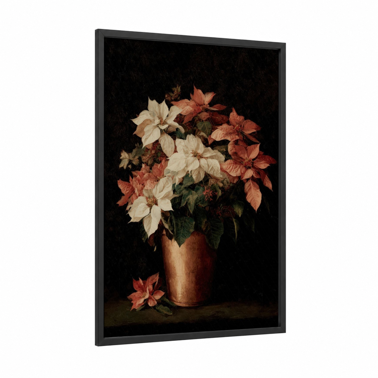 Festive Poinsettia Arrangement framed poinsettias print — black wood frame — cream and russet palette