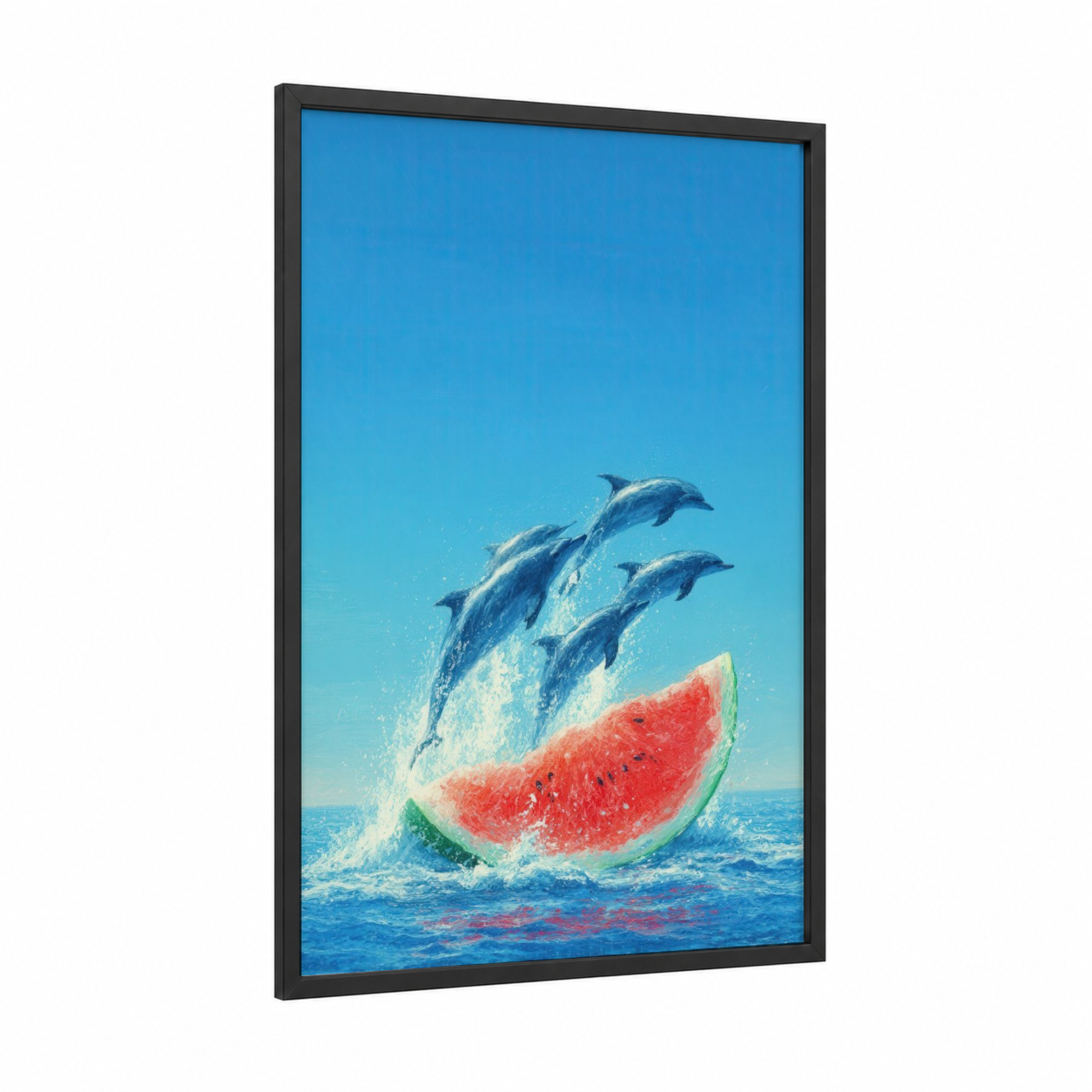 Tropical Dolphins Leap framed art print — black wood frame — blue and orange palette