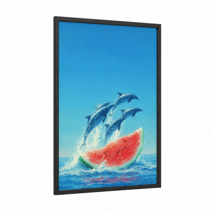 Tropical Dolphins Leap framed art print — black wood frame — blue and orange palette