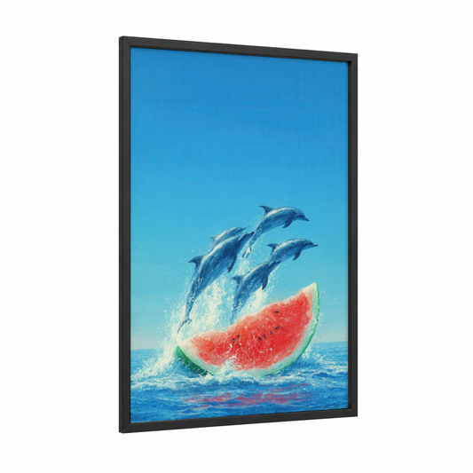 Tropical Dolphins Leap framed art print — black wood frame — blue and orange palette