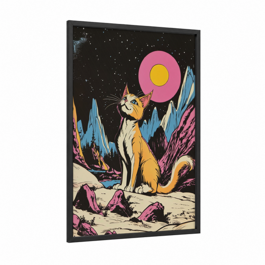 Cosmic Cat framed comic books print — black wood frame — magenta and yellow gold palette