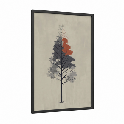 Pixelated Redwood framed redwood tree print — black wood frame — gray and russet palette