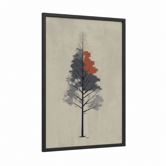 Pixelated Redwood framed redwood tree print — black wood frame — gray and russet palette