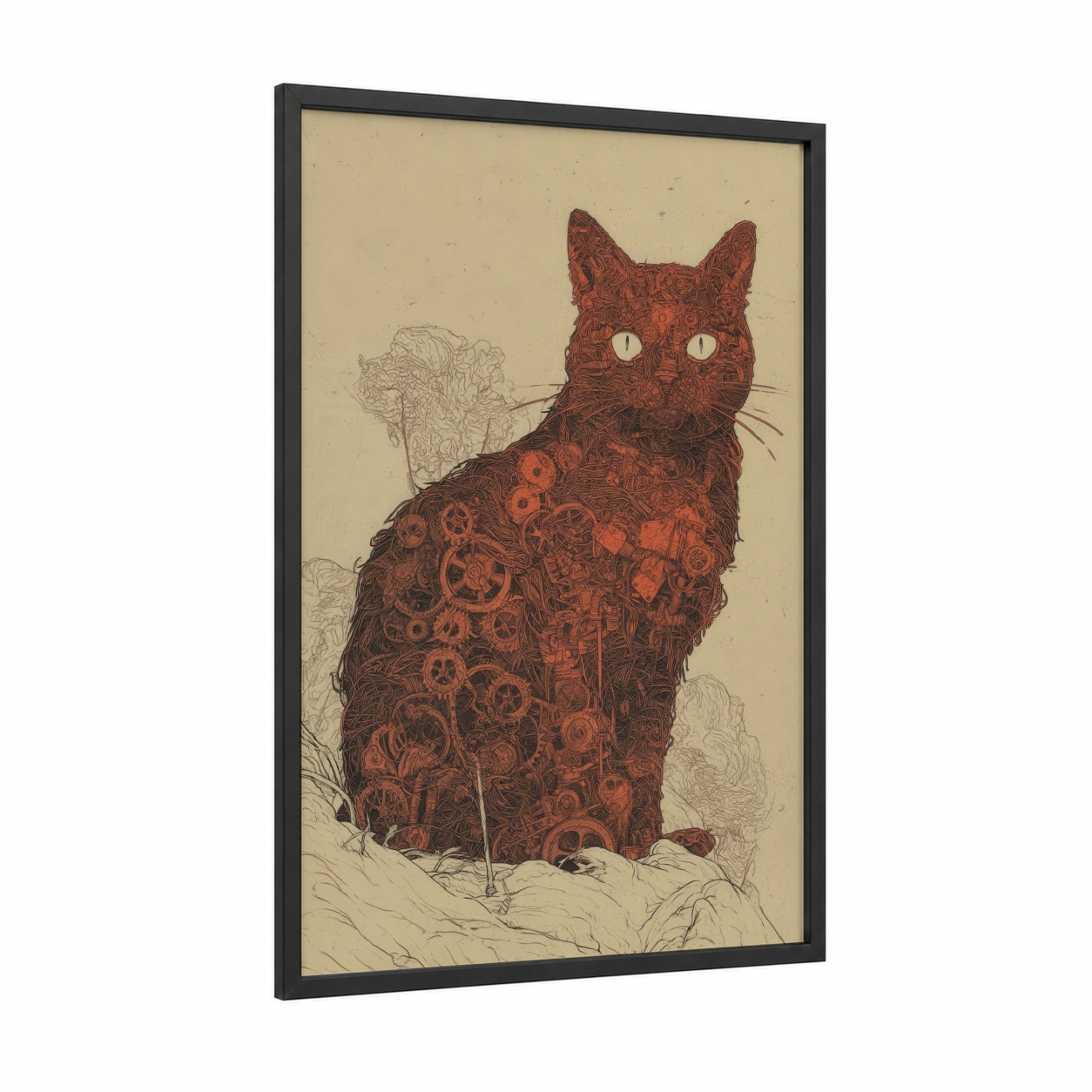 Steampunk Cat framed art print — black wood frame — russet and cream palette