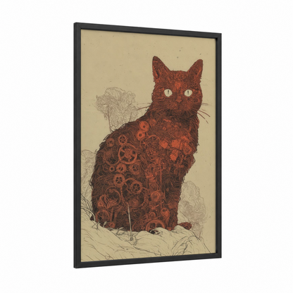 Steampunk Cat framed art print — black wood frame — russet and cream palette