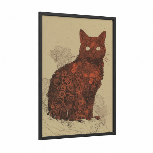 Steampunk Cat framed art print — black wood frame — russet and cream palette