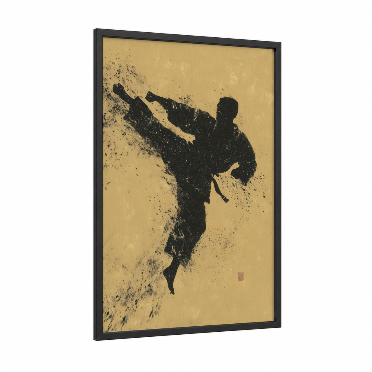 Dynamic Karate Kick framed art print — black wood frame — black and gold palette
