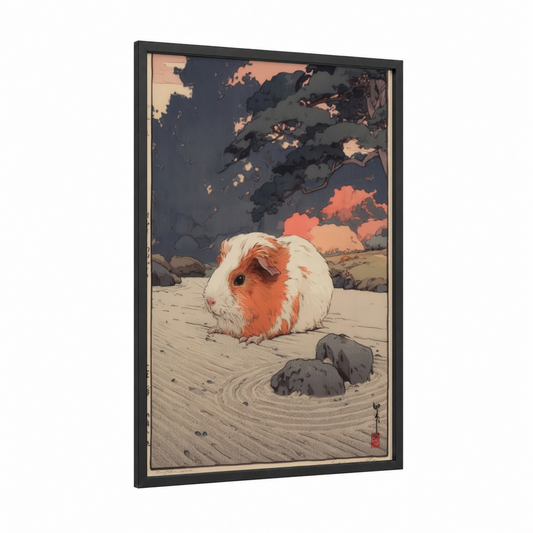 Zen Guinea Pig framed art print — black wood frame — peach and gray palette