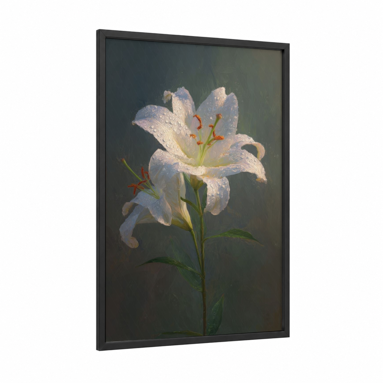 Dewy White Lily framed easter print — black wood frame — white and gray palette