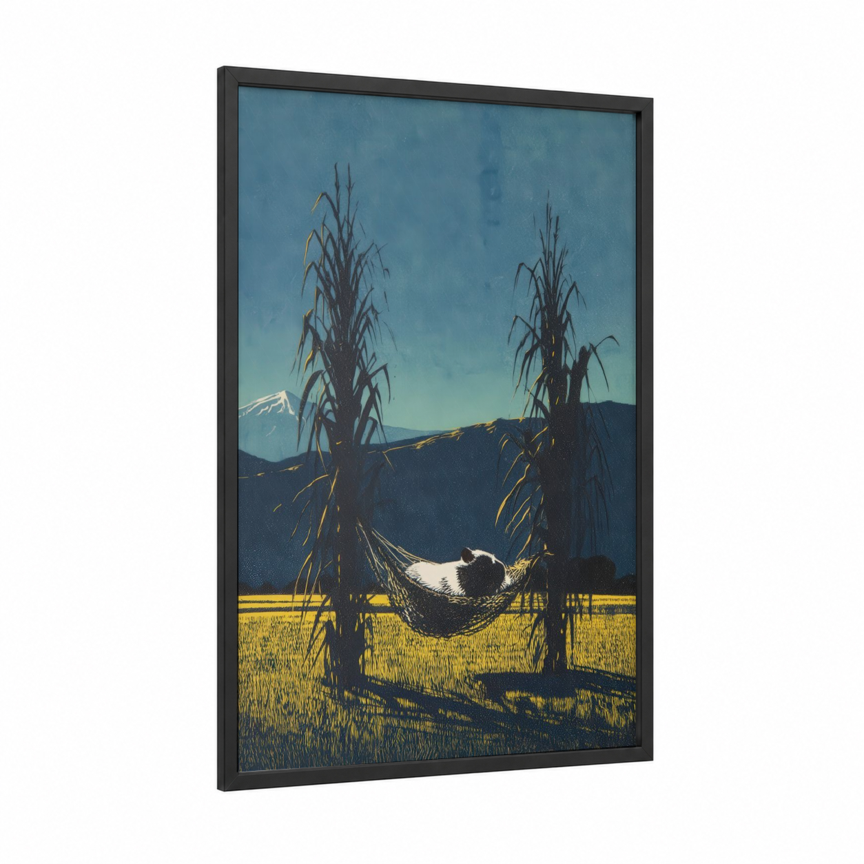 Mountain Repose Guinea Pig framed art print — black wood frame — blue and gold palette
