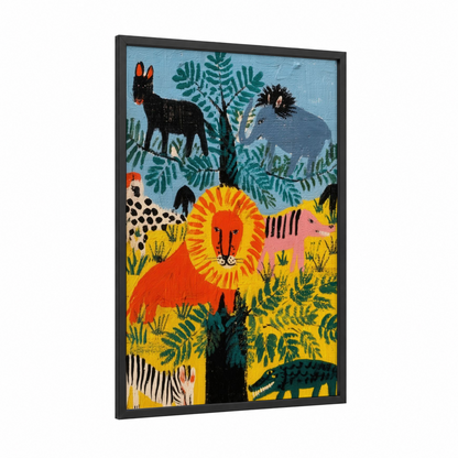 Savanna Lion Pride framed art print — black wood frame — gold and dark green palette