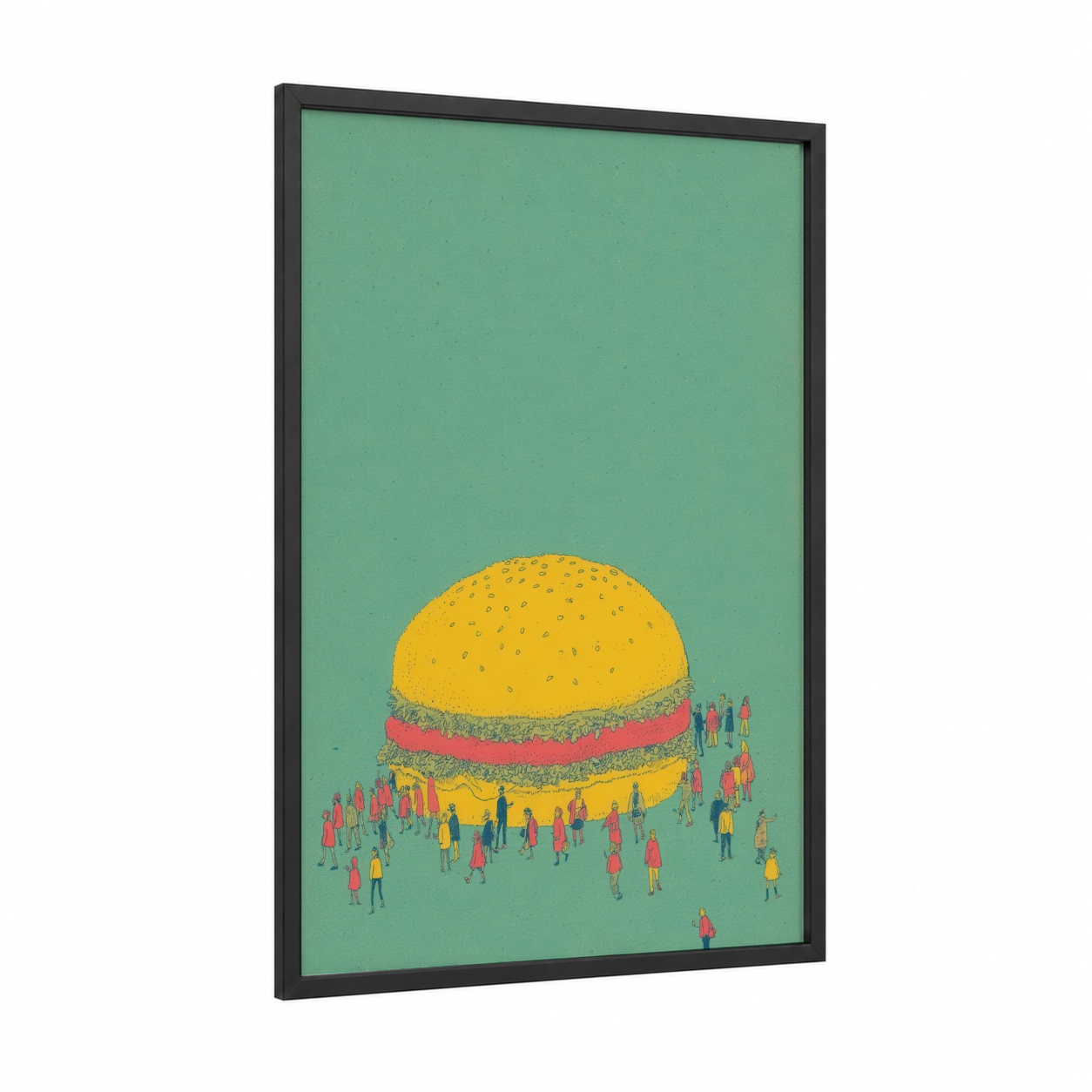 Giant Burger Gathering framed fast food print — black wood frame — sage green and yellow gold palette