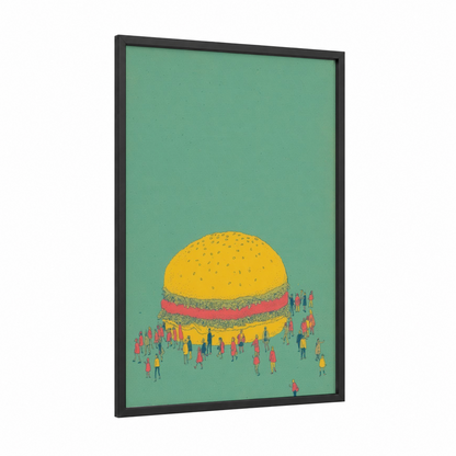 Giant Burger Gathering framed fast food print — black wood frame — sage green and yellow gold palette