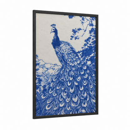 Indigo Peacock framed art print — black wood frame — blue and white palette
