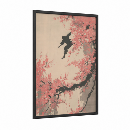Cherry Blossom Parkour framed art print — black wood frame — salmon pink and cream palette