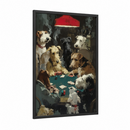 Poker Night Terriers framed art print — black wood frame — teal and black palette