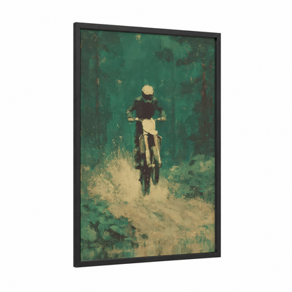 Desert Motocross framed art print — black wood frame — teal and cream palette