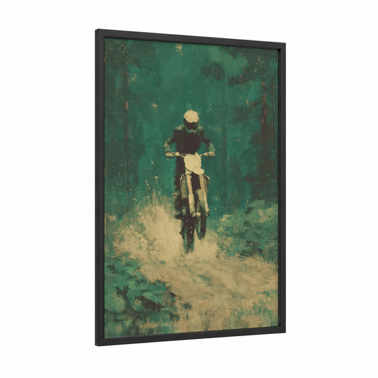 Desert Motocross framed art print — black wood frame — teal and cream palette