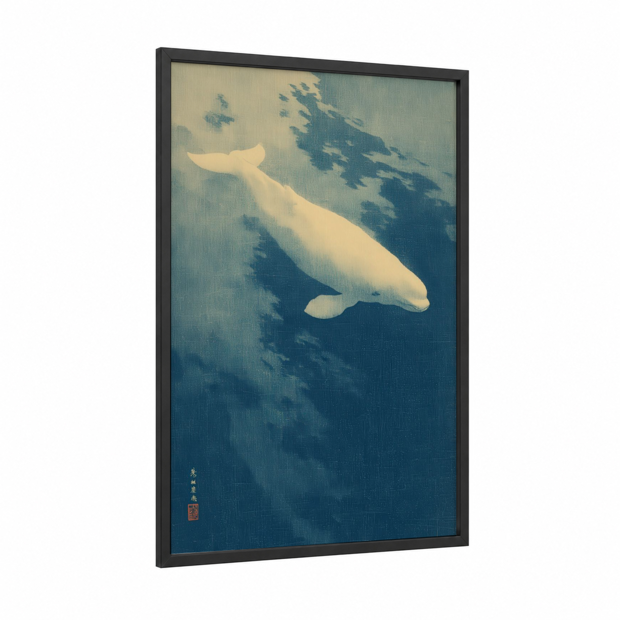 Arctic Beluga framed beluga whale print — black wood frame — blue and cream palette