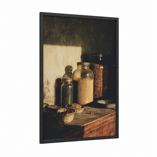 Vintage Spice Still Life framed herbs and spices print — black wood frame — gold and brown palette