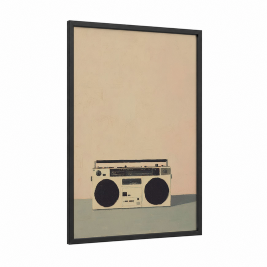 Vintage Boombox framed art print — black wood frame — cream and dove gray palette