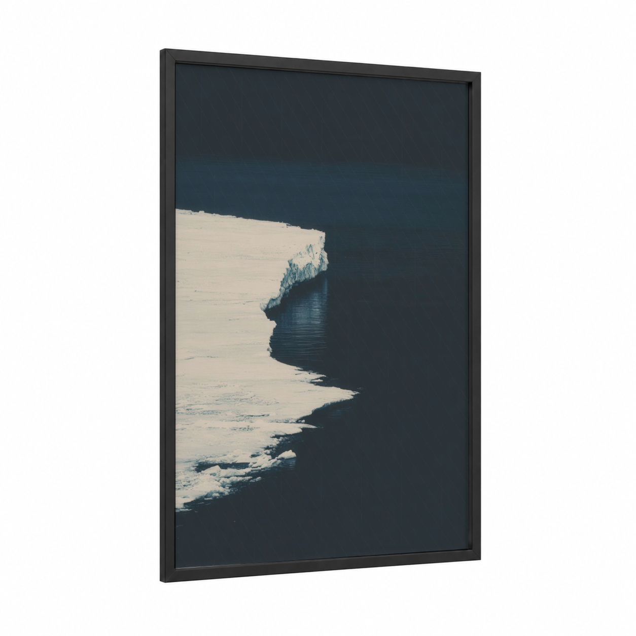 Arctic Glacier Edge framed art print — black wood frame — white and dark blue palette