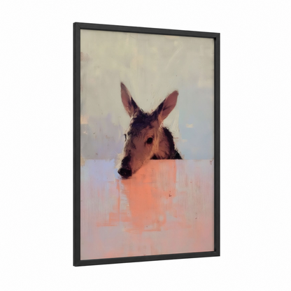 Curious Aardvark framed art print — black wood frame — peach and dove gray palette