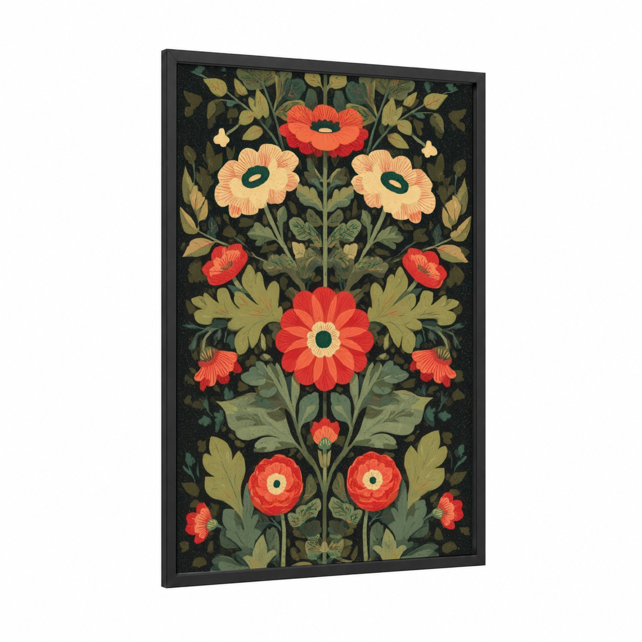 Symmetrical Floral Garden framed ranunculus print — black wood frame — red and sage green palette