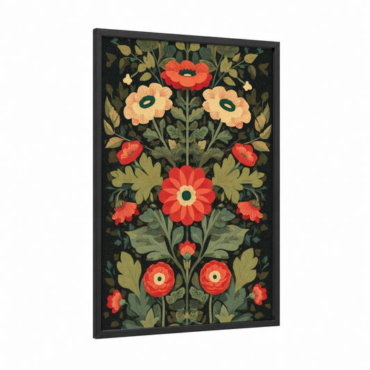 Symmetrical Floral Garden framed ranunculus print — black wood frame — red and sage green palette