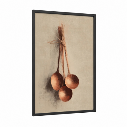 Copper Berries Spoon framed kitchen utensils print — black wood frame — beige and russet palette