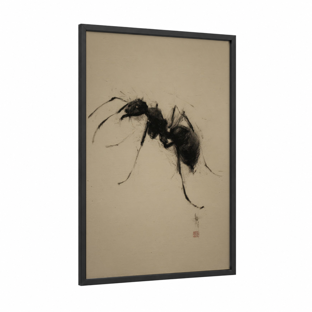 Minimalist Ant framed art print — black wood frame — black and white and beige palette