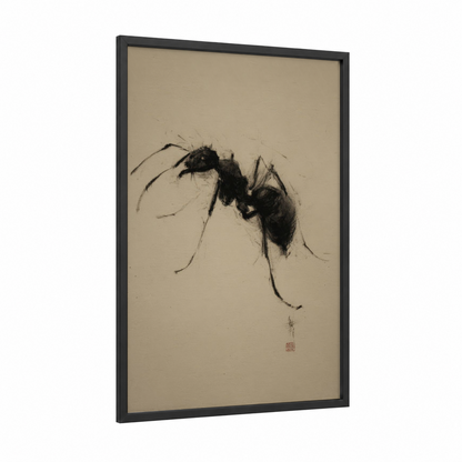 Minimalist Ant framed art print — black wood frame — black and white and beige palette