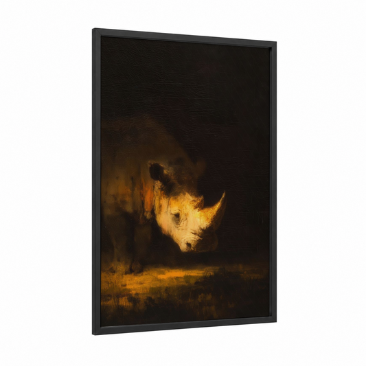 Golden Rhino framed art print — black wood frame — gold and black palette