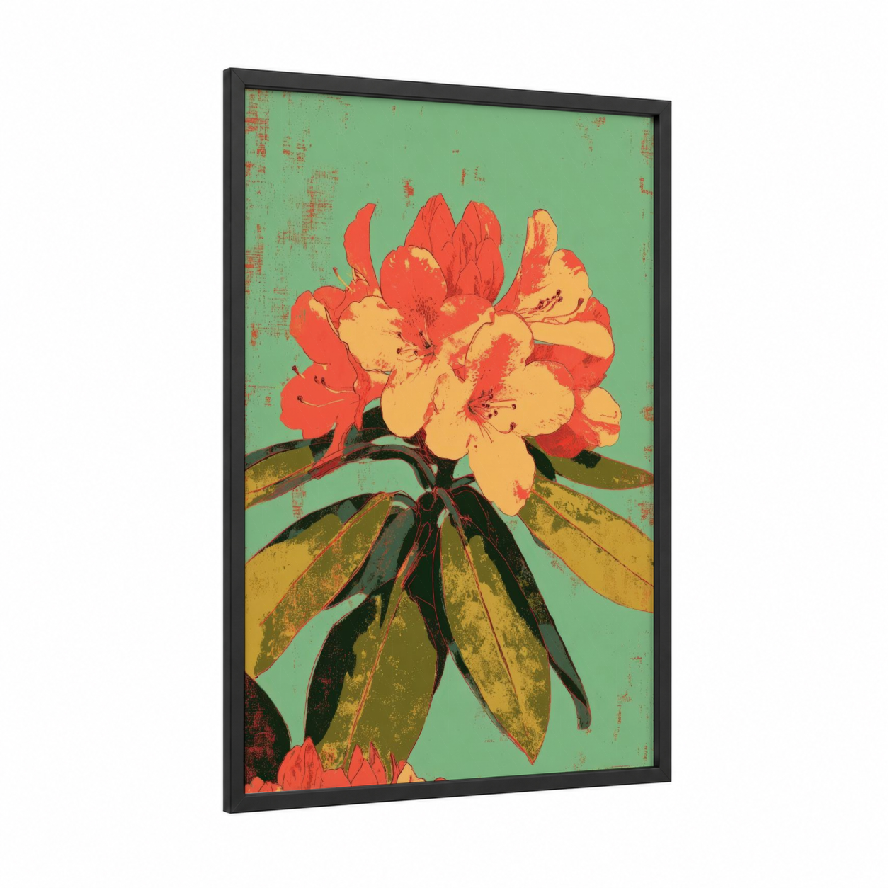 Coral Rhododendron framed art print — black wood frame — red and light green palette