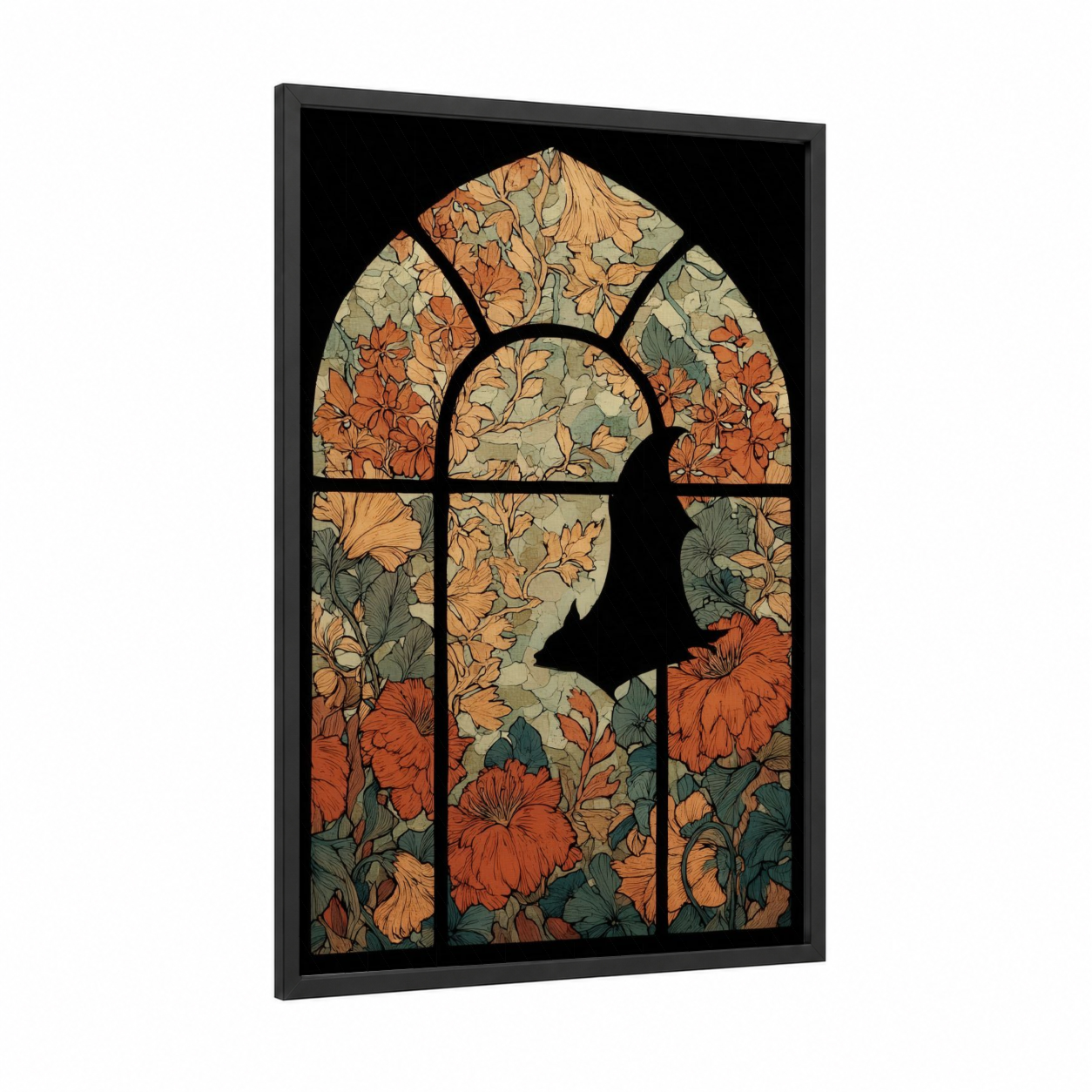 Stained Glass Bat framed art print — black wood frame — gold and sage green palette