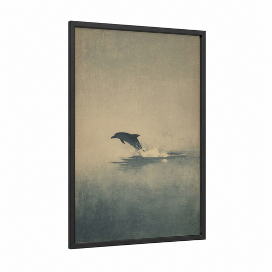 Leaping Dolphin framed dolphins print — black wood frame — blue and white and beige palette